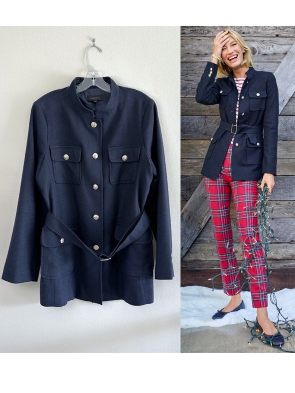 Talbots Wool Blend Belted Blazer Jacket, 12, Navy Military Old Money